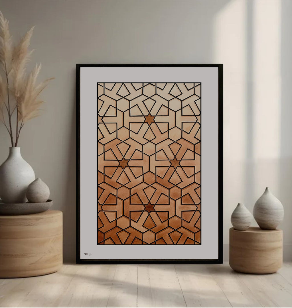 Islamic geometric art print with terracotta and sand Damascene pattern by DAR Art Studio